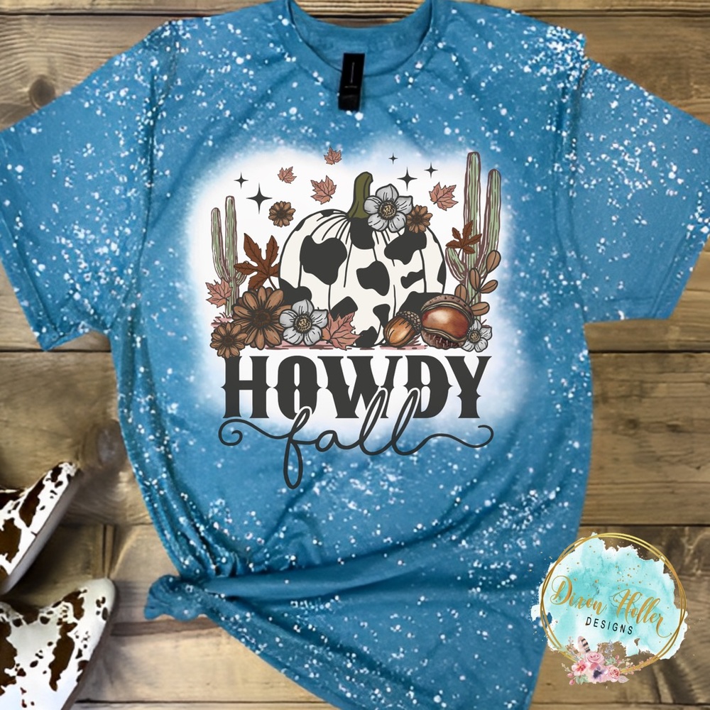 Women’s S-XL Howdy Fall Cowprint Pumpkin Bleached Tee